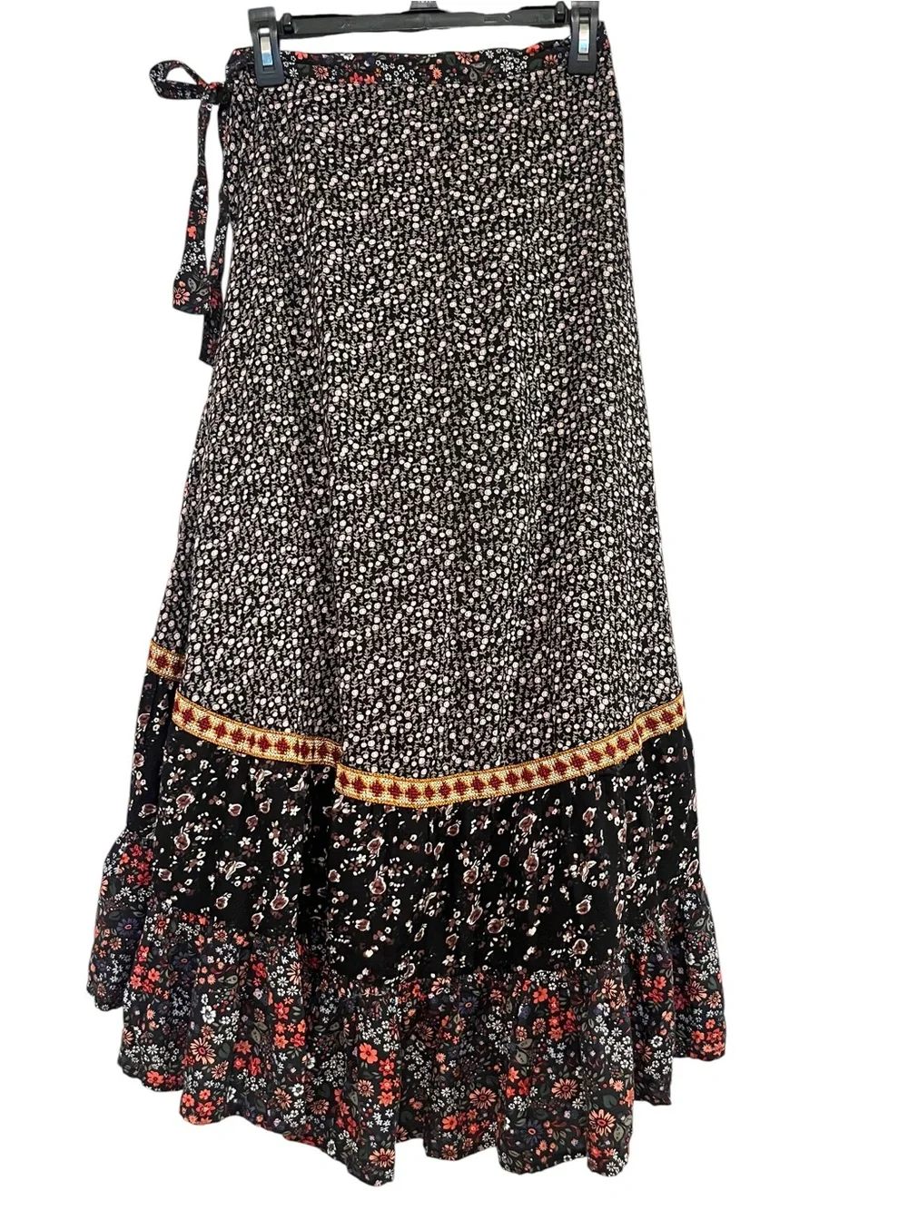 Free People Esmeralda Printed Skirt Floral Wrap Maxi Skirt with Gold Trim Sz 4